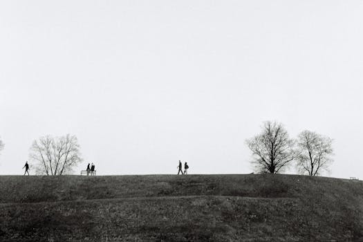 Black and white image of people walking in a scenic Danish landscape with trees.