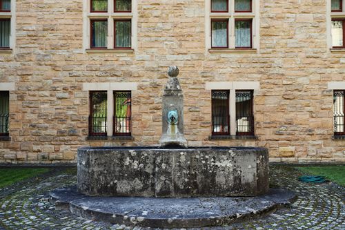 Free Vintage stone fountain against a sandy brick building in Meinhard, Hessen. Stock Photo