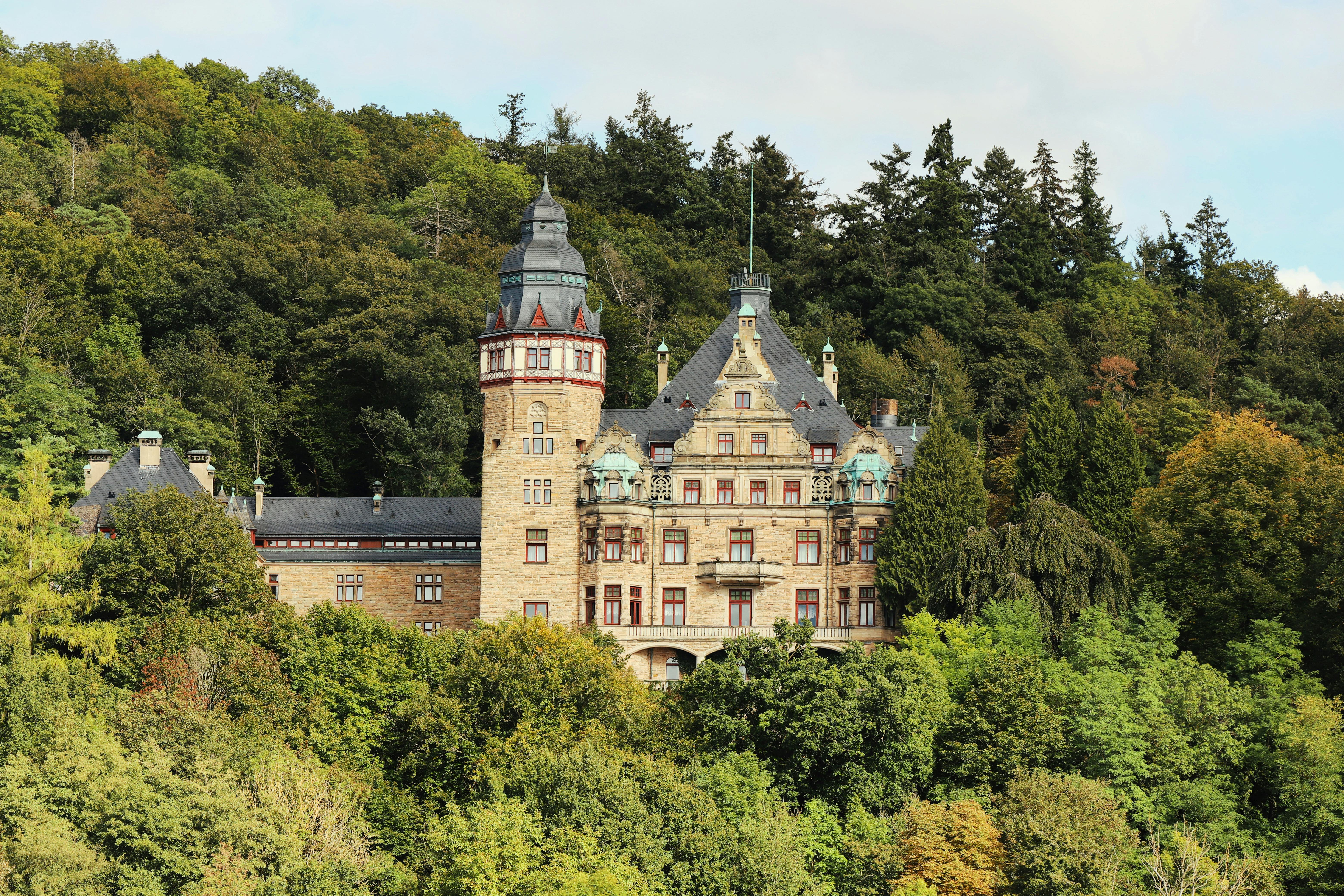 historic castle in lush forest of hessen germany