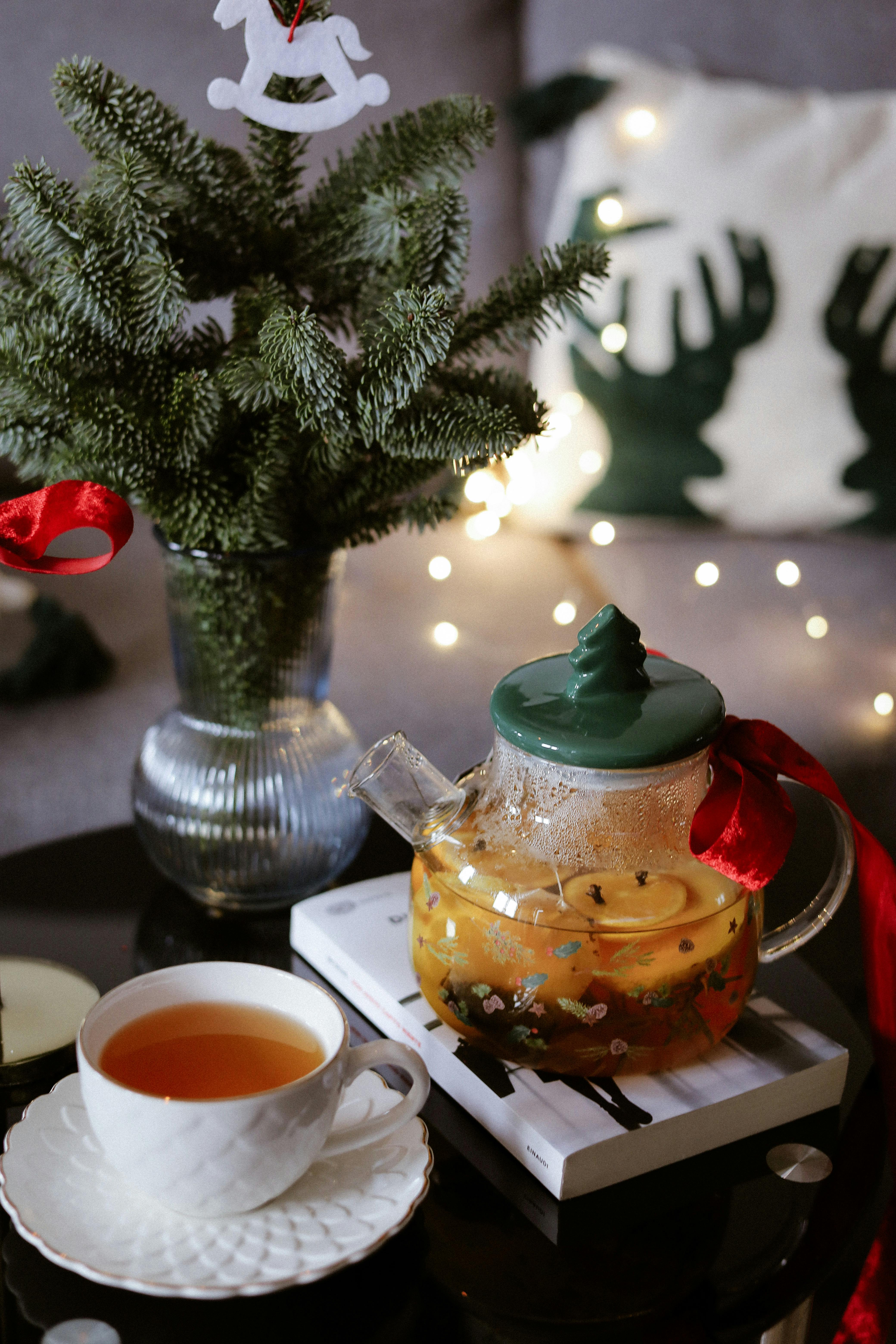 cozy christmas tea setting with decor