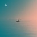 月光下，一个孤独的渔夫的轮廓映衬着生动的渐变天空