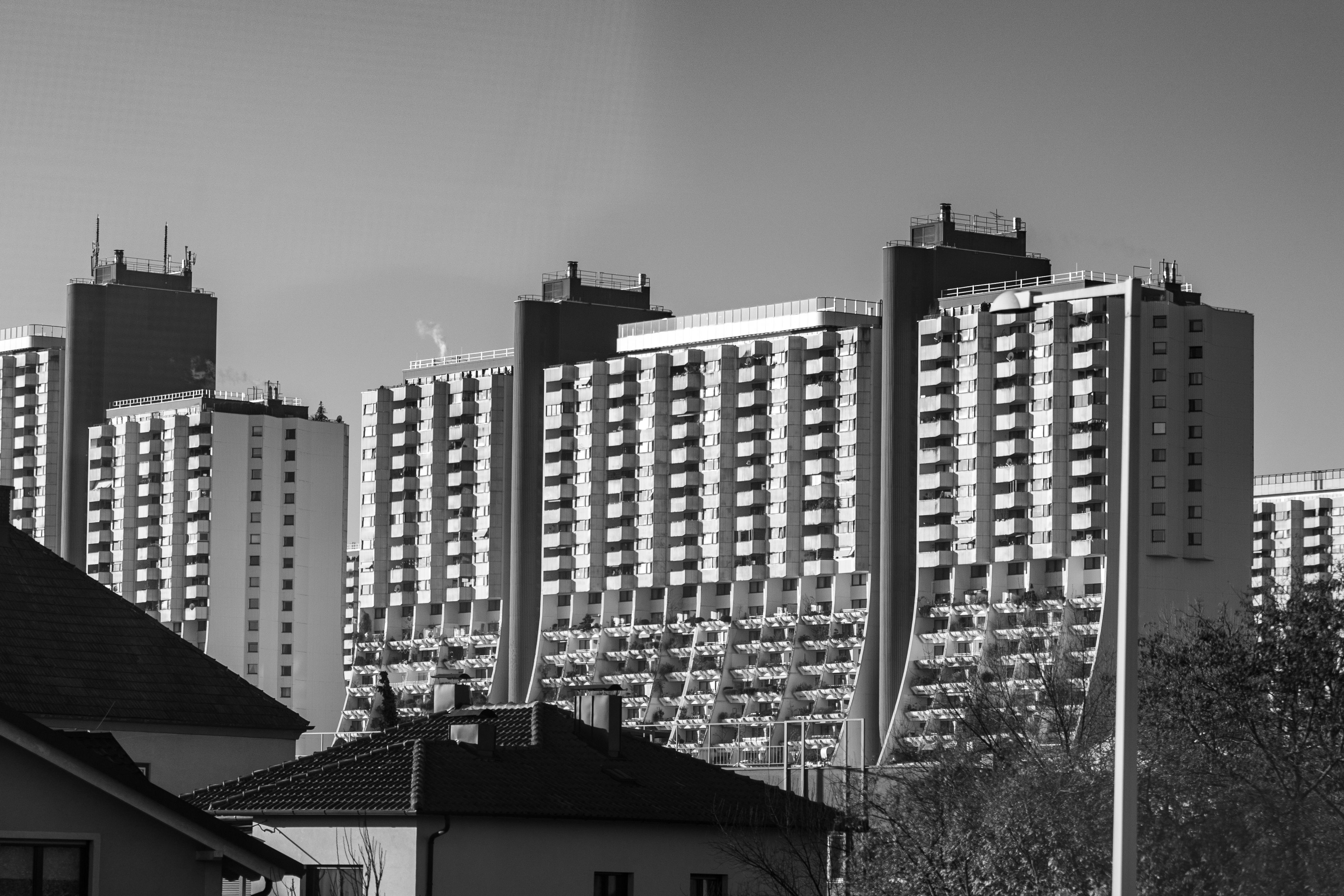 Black and white photo of high-rise apartments in Vienna, Austria.