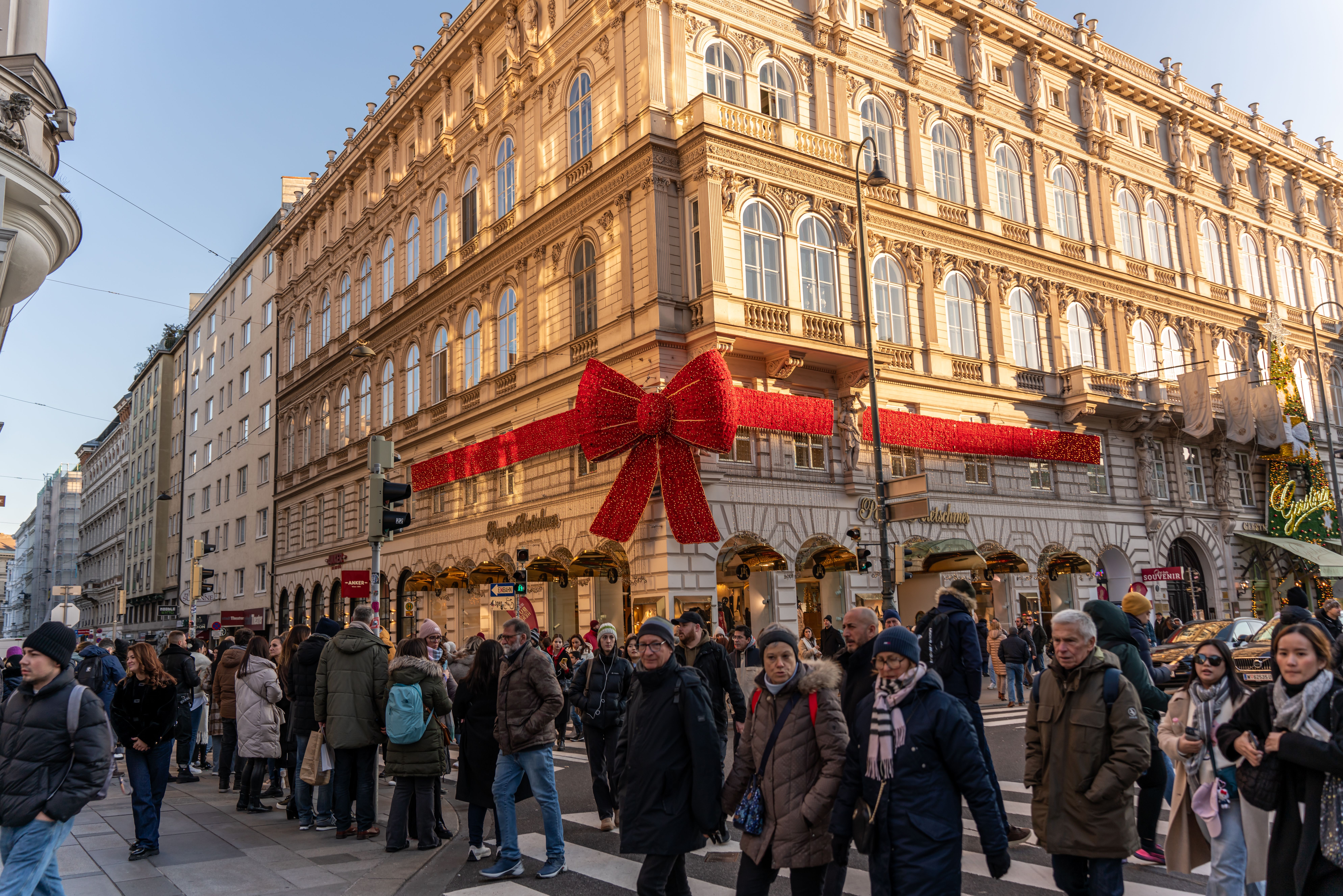 Crowded Christmas shopping in Vienna with festive decorations and historic architecture.