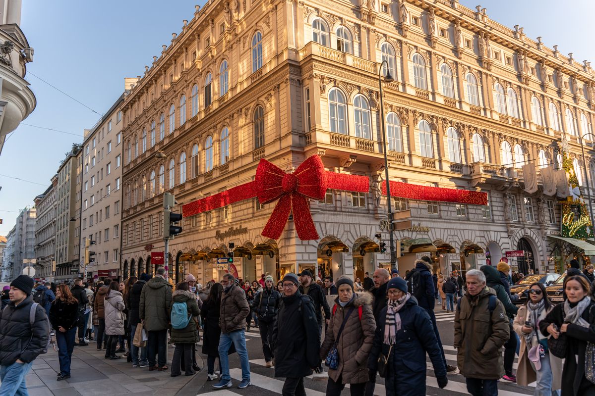 Festive Christmas market in Vienna, Austria, decorated with lights