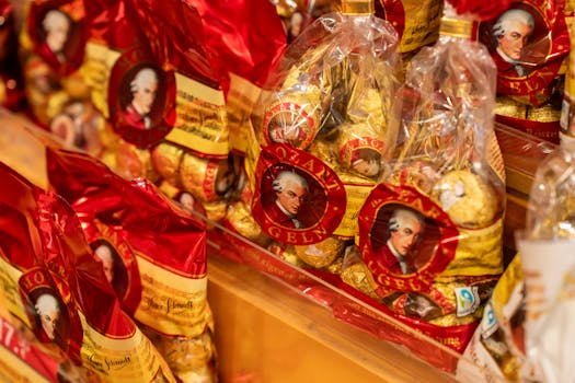 Close-up of Mozartkugeln chocolates in Vienna shop showcasing Austrian confectionery.