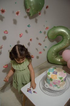 A little girl enjoys her birthday celebration with balloons and a decorative cake.