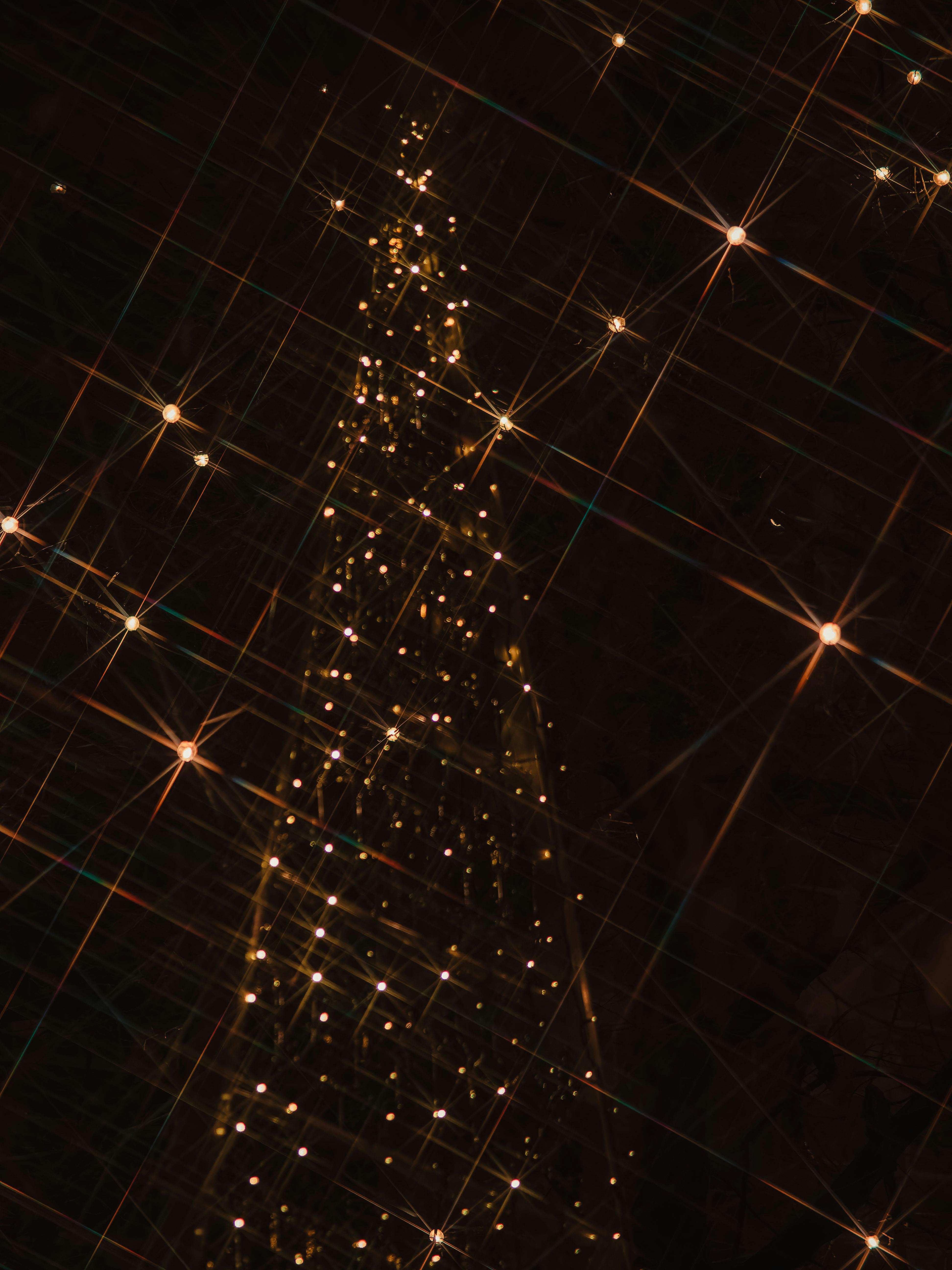 Captivating view of a Christmas tree adorned with twinkling lights against a dark background.