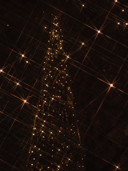 Free Captivating view of a Christmas tree adorned with twinkling lights against a dark background. Stock Photo