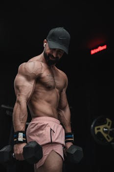 Muscular man lifting weights in gym. Focused on strength training and fitness.