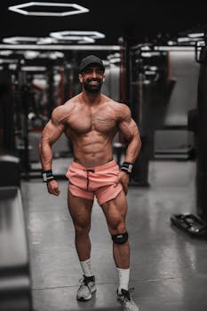 Muscular man posing in a modern gym, showcasing strength and fitness.