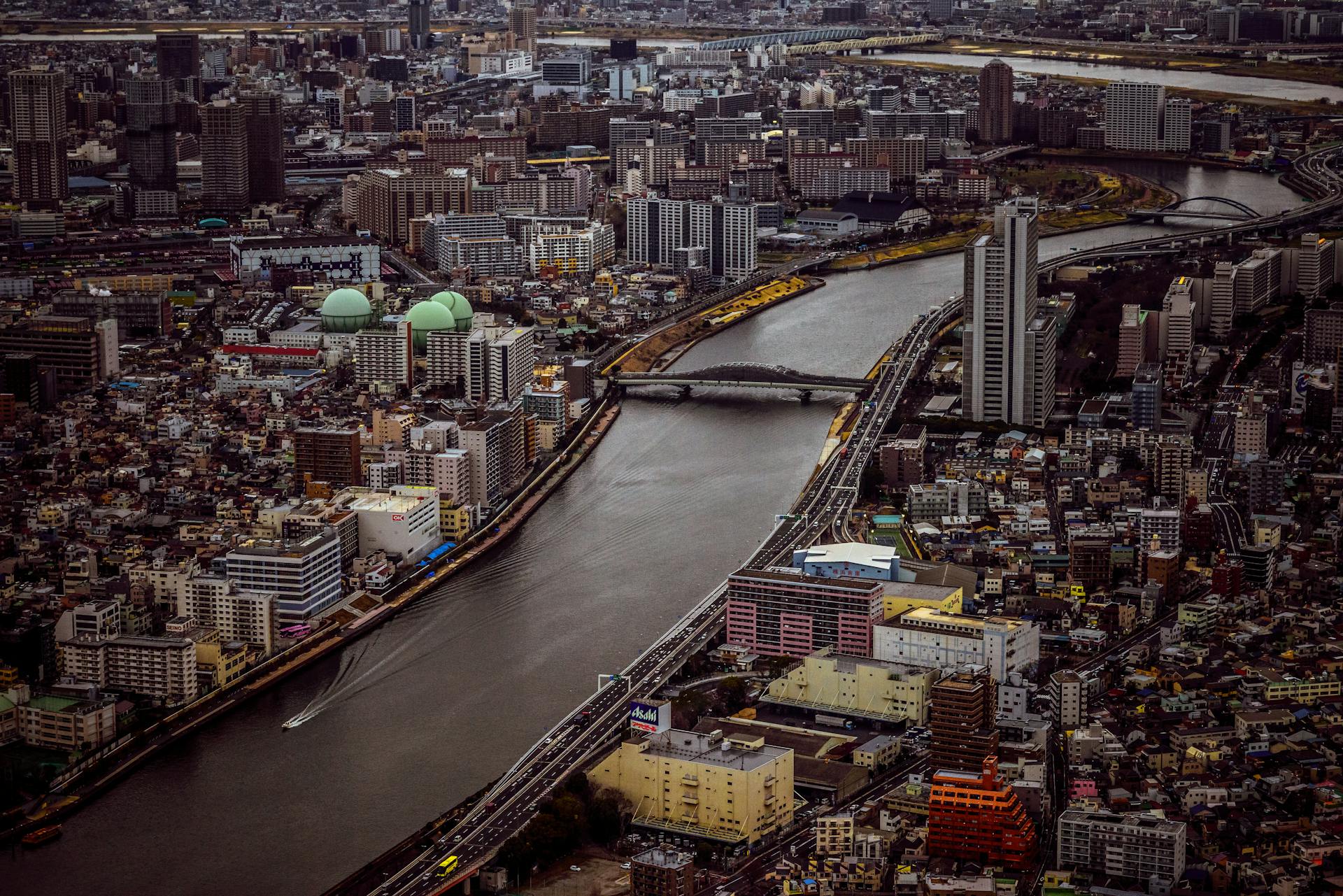 City channel with modern dense infrastructure