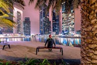 黄昏时分，坐在长凳上的人俯瞰着明亮的城市景观，棕榈树与摩天大楼尽收眼底