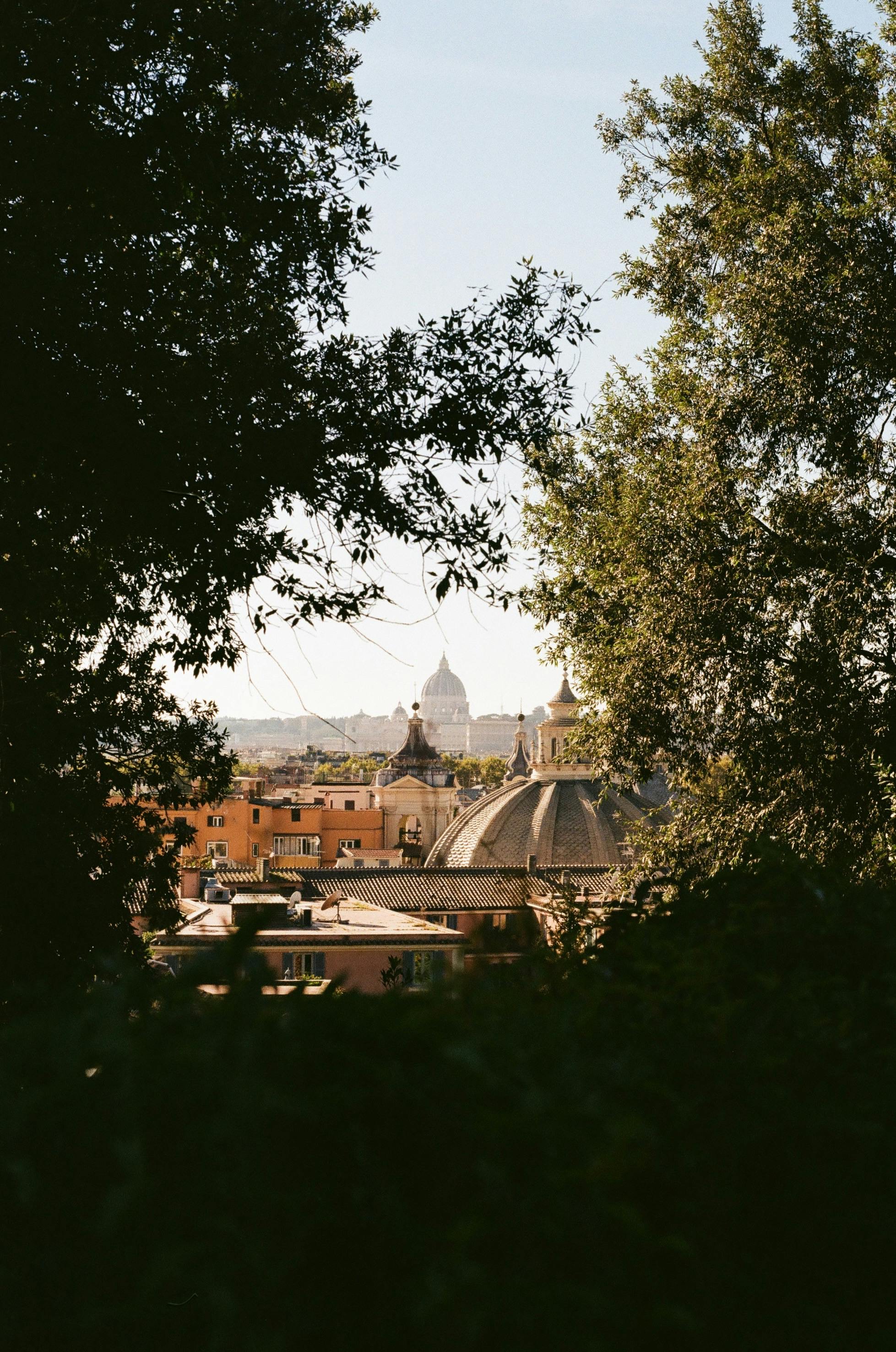 Scenic view of Rome's cityscape framed by lush greenery, showcasing iconic architecture.