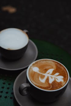Close-up of a cappuccino and latte with artistic leaf design in a cozy café setting.
