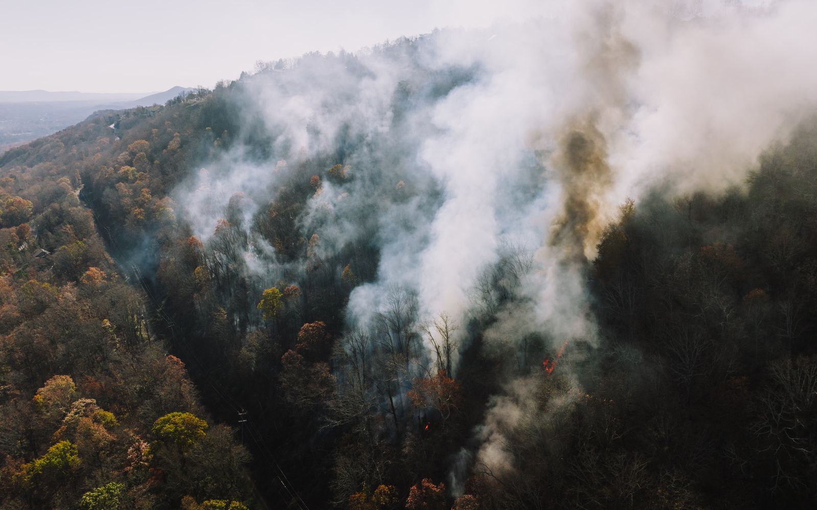 Aerial view of smoke rising from forested hills