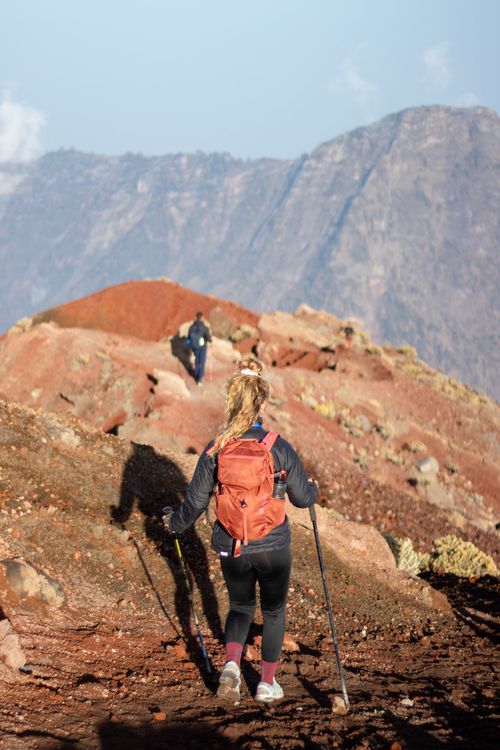 Free Adventurous hiker with poles trekking on Mount Rinjani, Lombok, Indonesia. Stock Photo