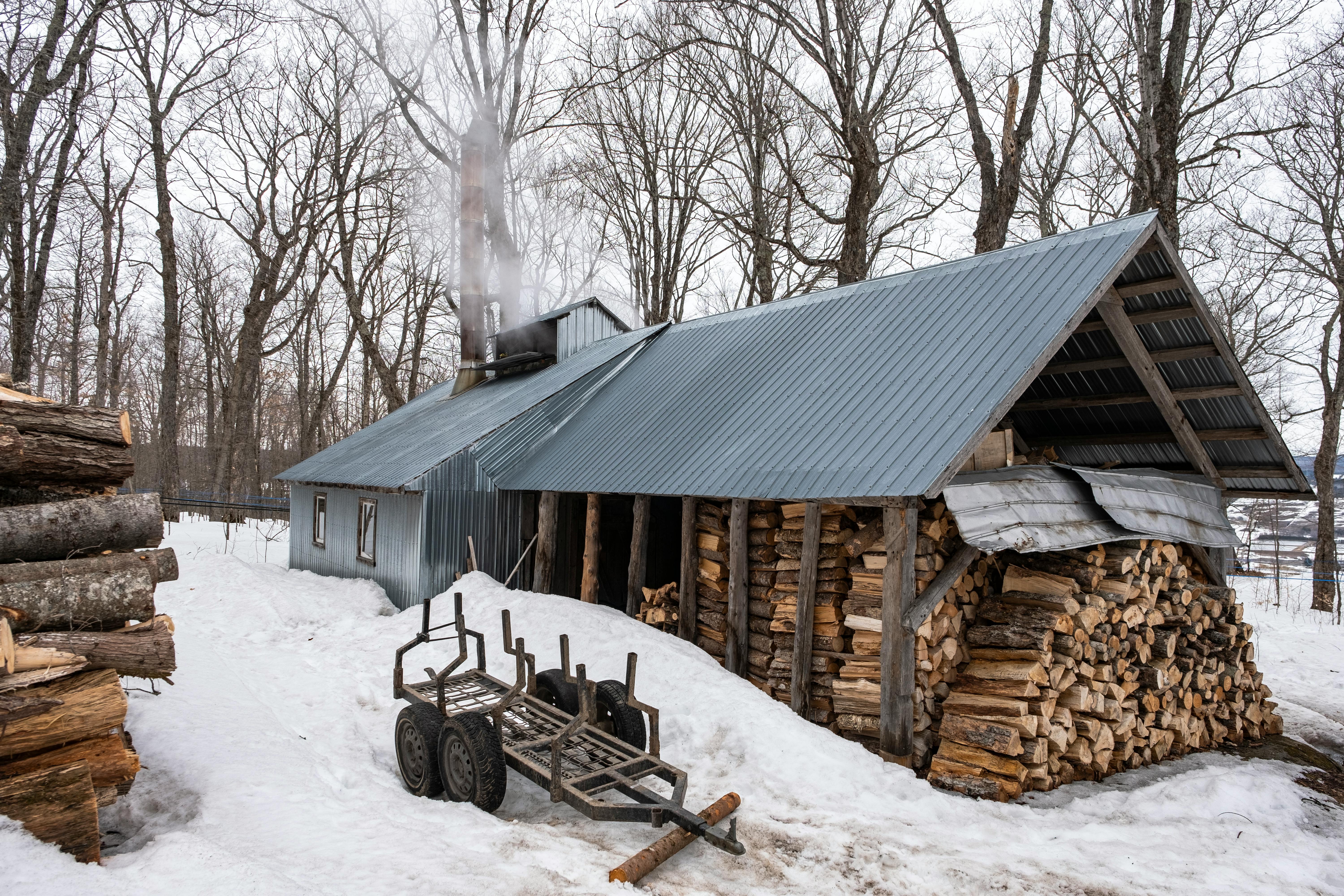 Une cabane à sucre rurale classique entourée de neige dans un décor forestier québécois.