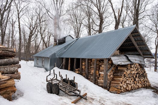A classic rural sugar shack surrounded by snow in a Quebecois forest setting.