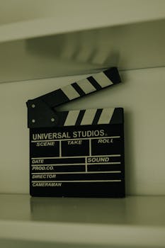 Close-up of a classic Universal Studios clapperboard on a shelf.