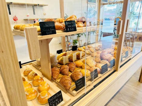 An inviting bakery showcasing a variety of fresh pastries and breads displayed in wooden shelves.