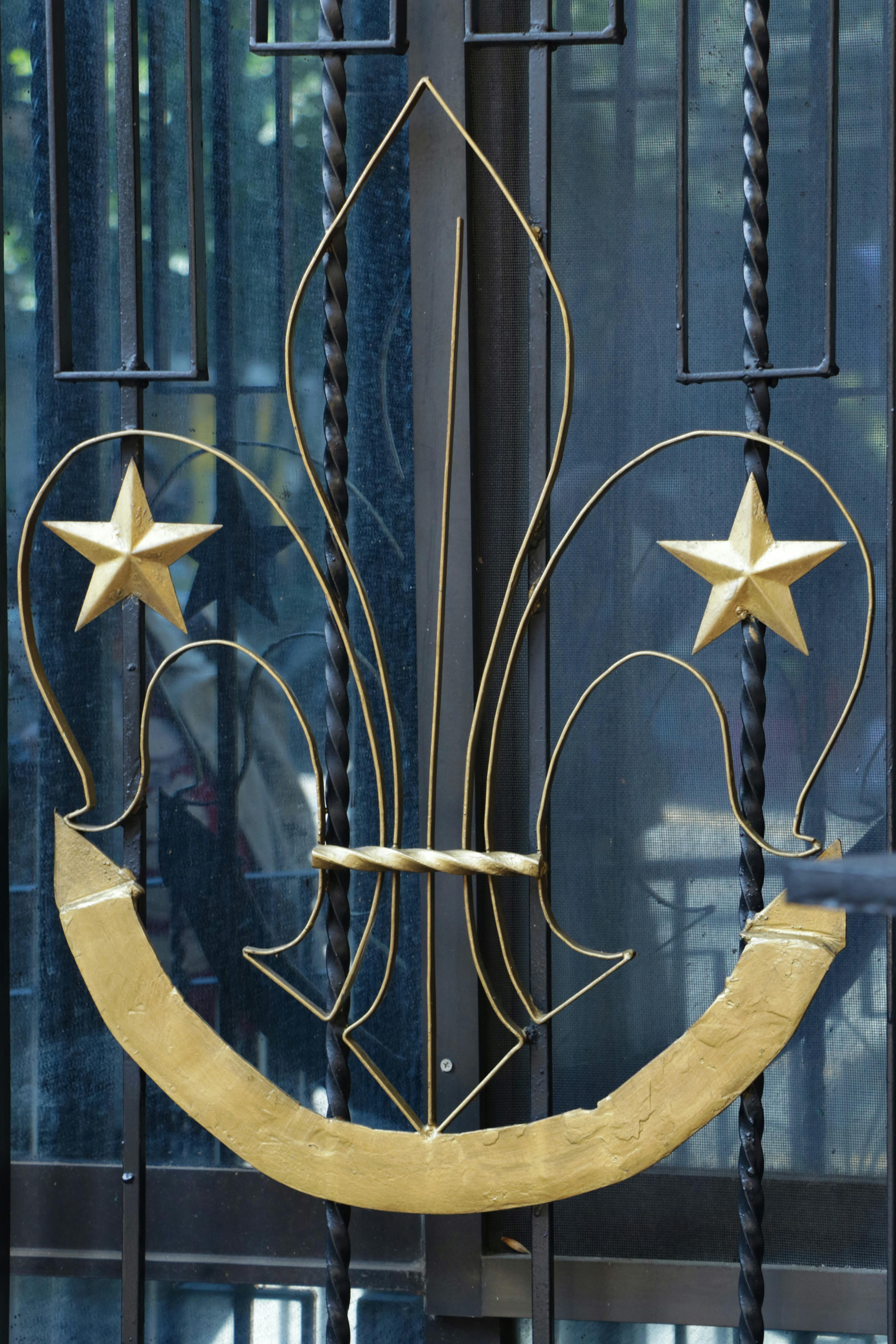 gold fleur de lis with stars on iron gate