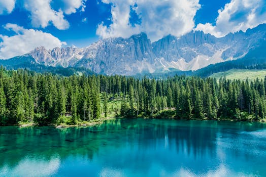 Breathtaking view of Italian alpine lake with majestic mountains and lush forest.