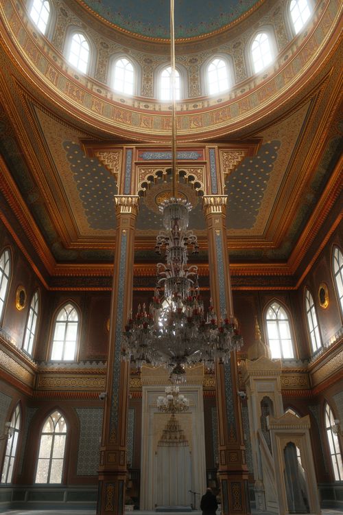 Free Intricate design of a historic church's interior featuring stained glass windows and chandelier. Stock Photo