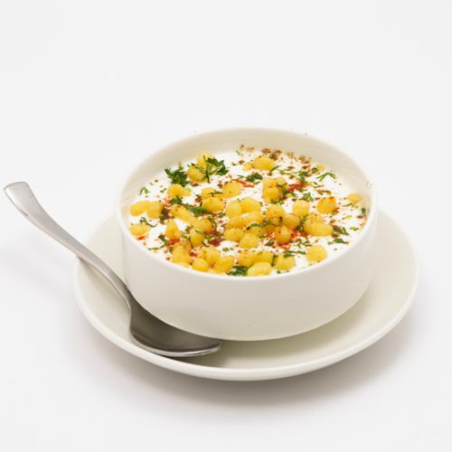 Free A bowl of flavorful Indian Dahi Puri garnished with spices, served in a white bowl with a spoon. Stock Photo