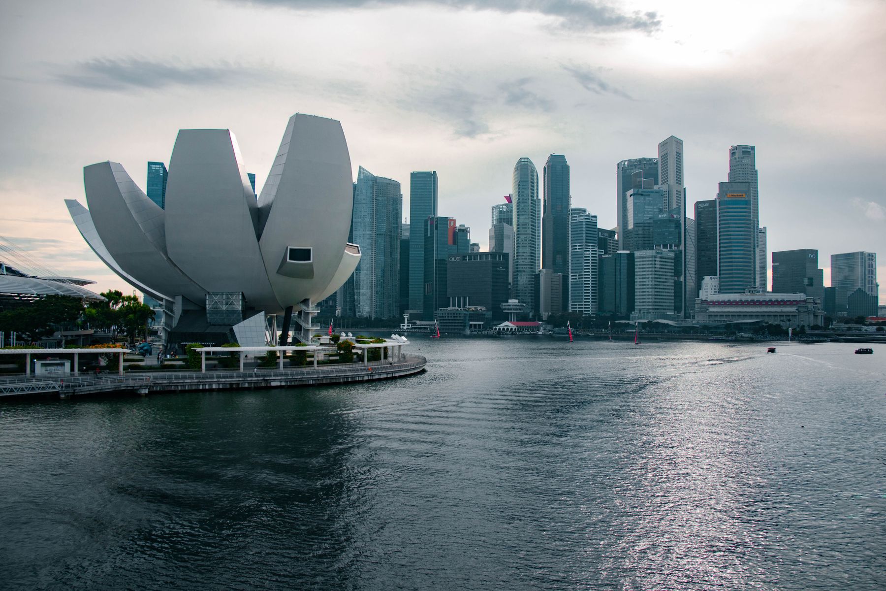 ArtScience Museum and Singapore's downtown skyline across Marina Bay