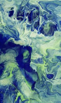 Intricate abstract art featuring swirling blue and green marble patterns with a fluid texture.