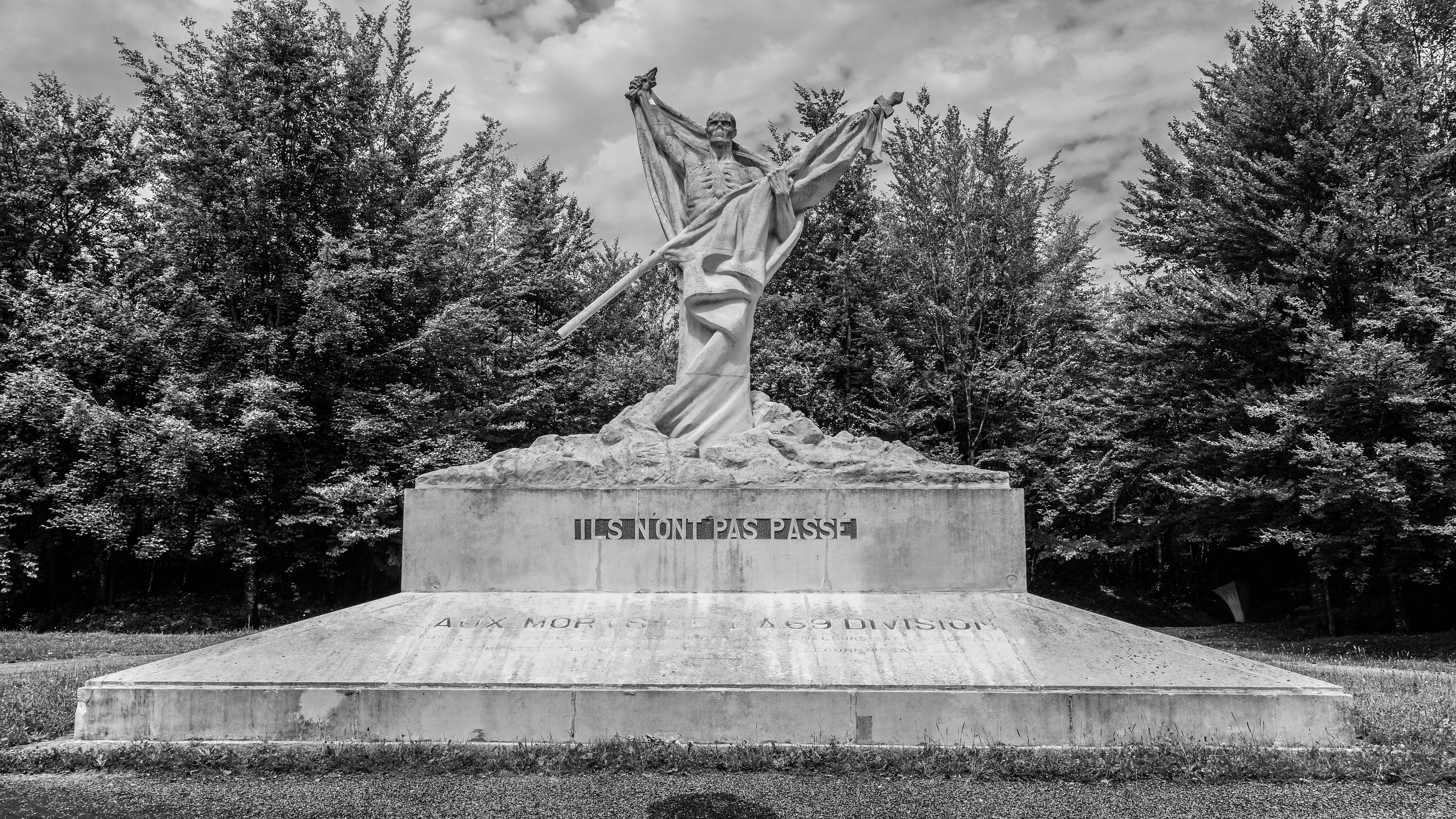 Monument with historical significance in Verdun, France, captured in black and white.