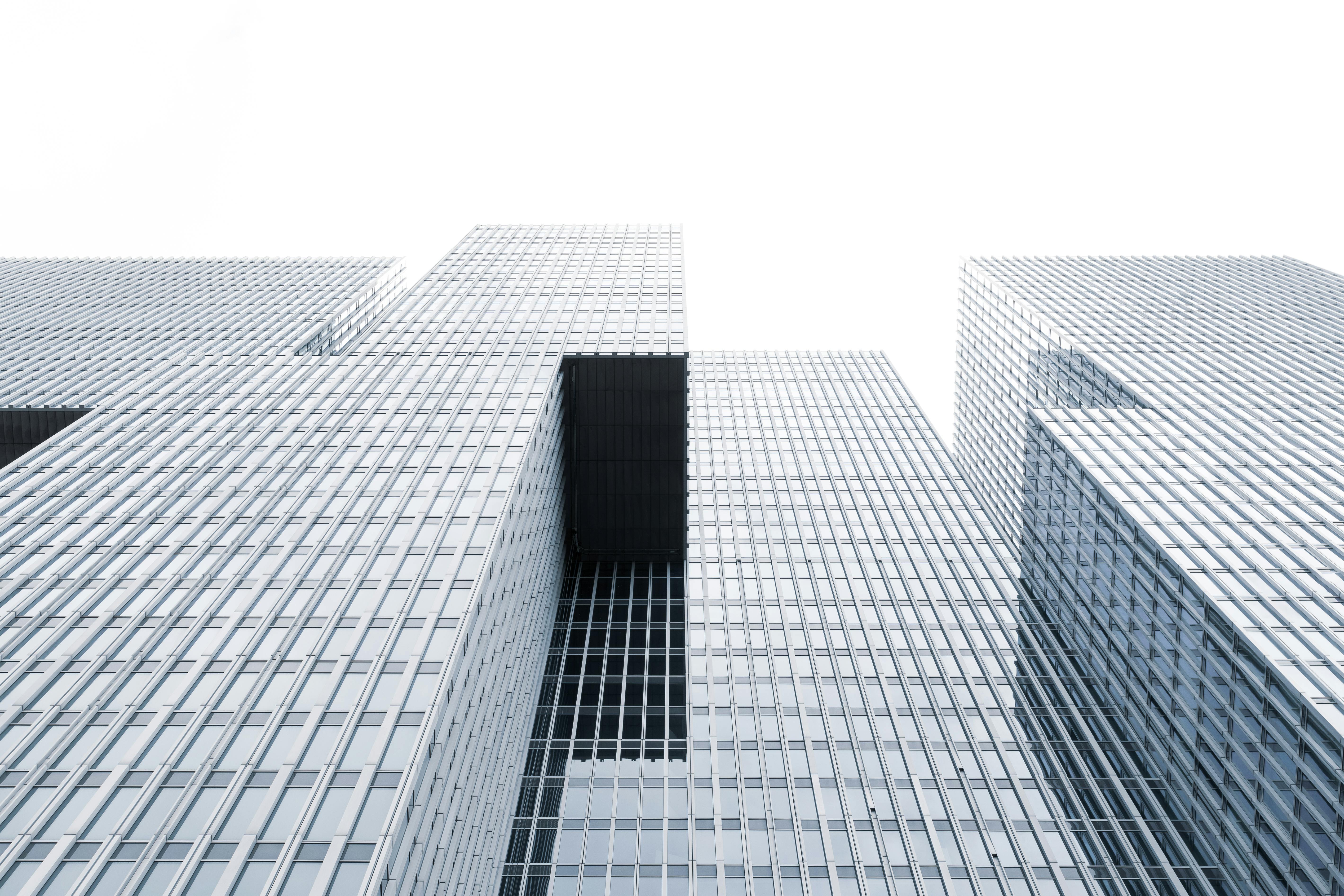 Abstract view of towering modern skyscrapers in Rotterdam, Netherlands.