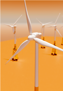 Abstract composition of wind turbines on an orange gradient backdrop.