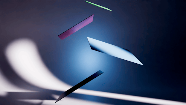 Dynamic abstract image with colorful geometric shapes in a blue gradient light.