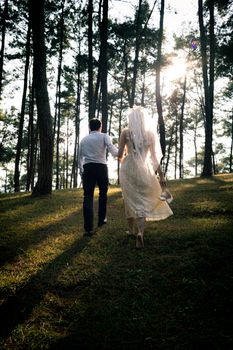 Bride and groom walking in a sunlit forest in Hà Giang, Vietnam.