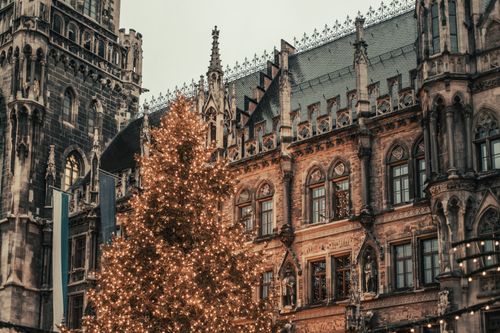 Free Beautiful decorated Christmas tree in front of gothic-style architecture, evoking holiday spirit. Stock Photo
