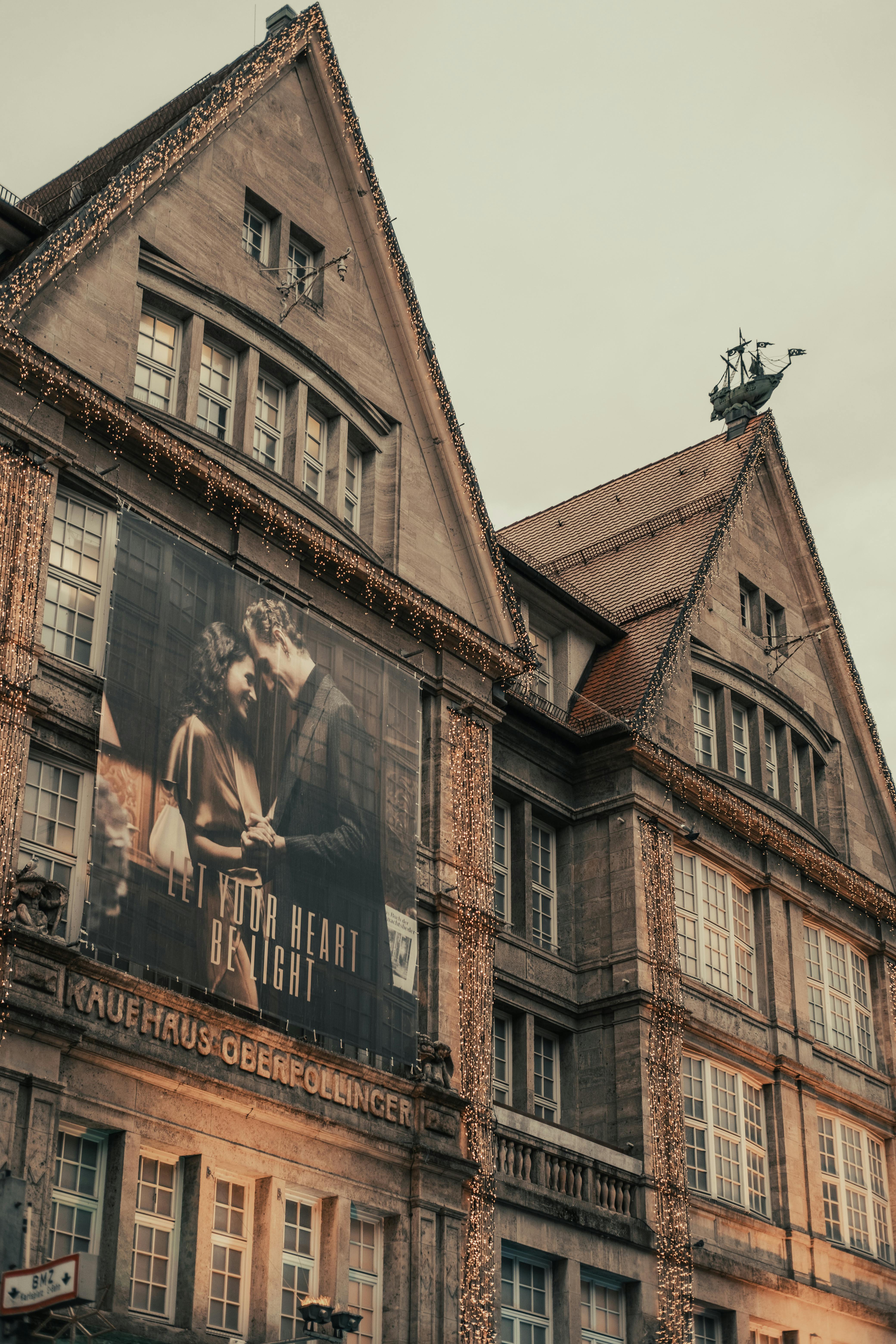 historic building decorated with festive lights