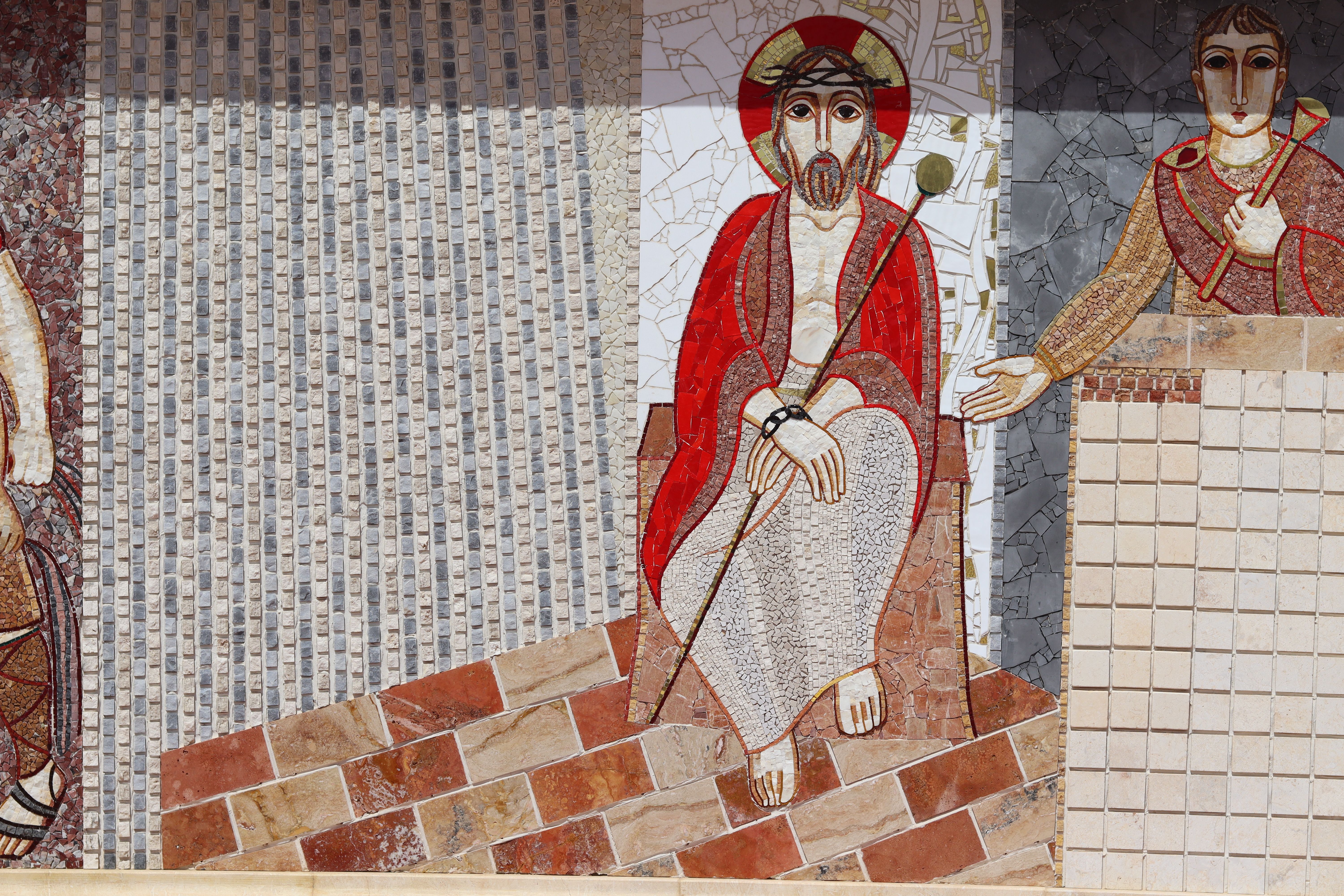 A painting of Jesus washing feet, modern style with diverse figures