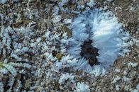 Detailed view of frost crystals forming intricate patterns on soil surface.