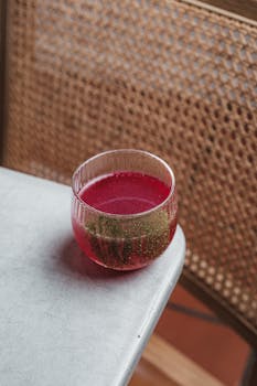 Close-up of a sparkling red drink in a clear glass on a modern table, perfect for lifestyle or food visuals.