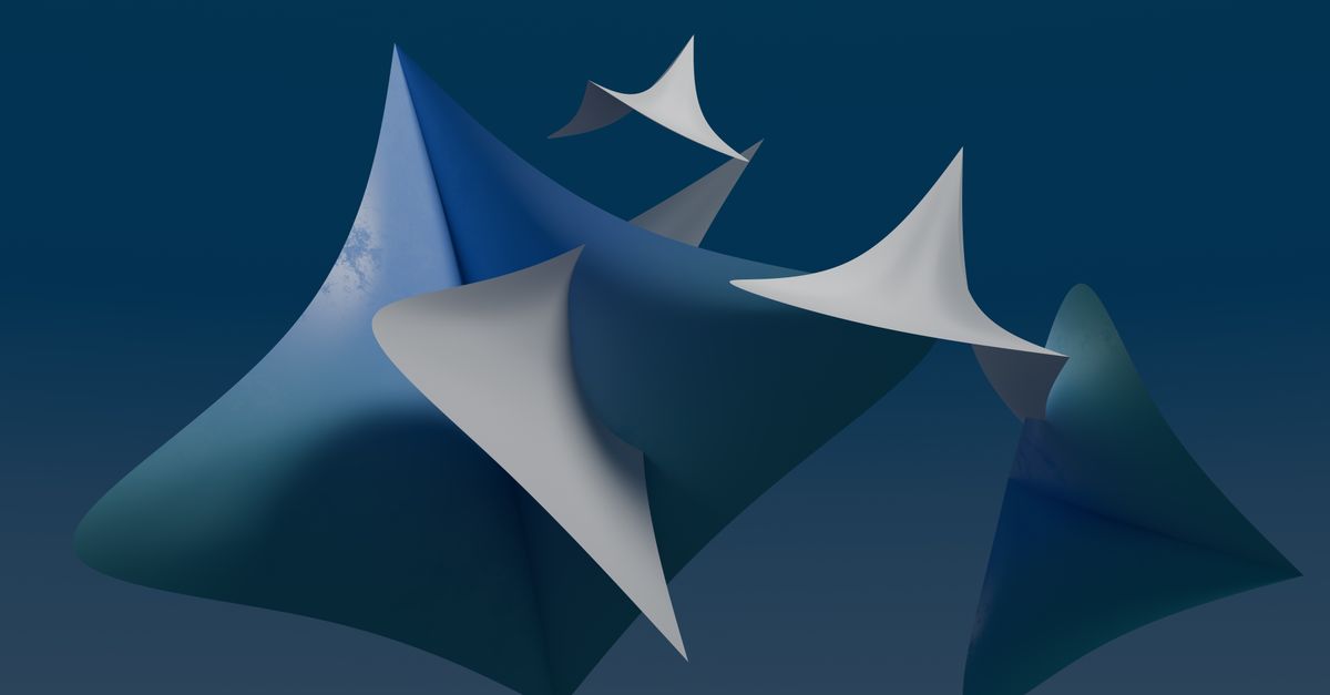 Dynamic 3D abstract shapes in a pleasing composition against a deep blue backdrop.