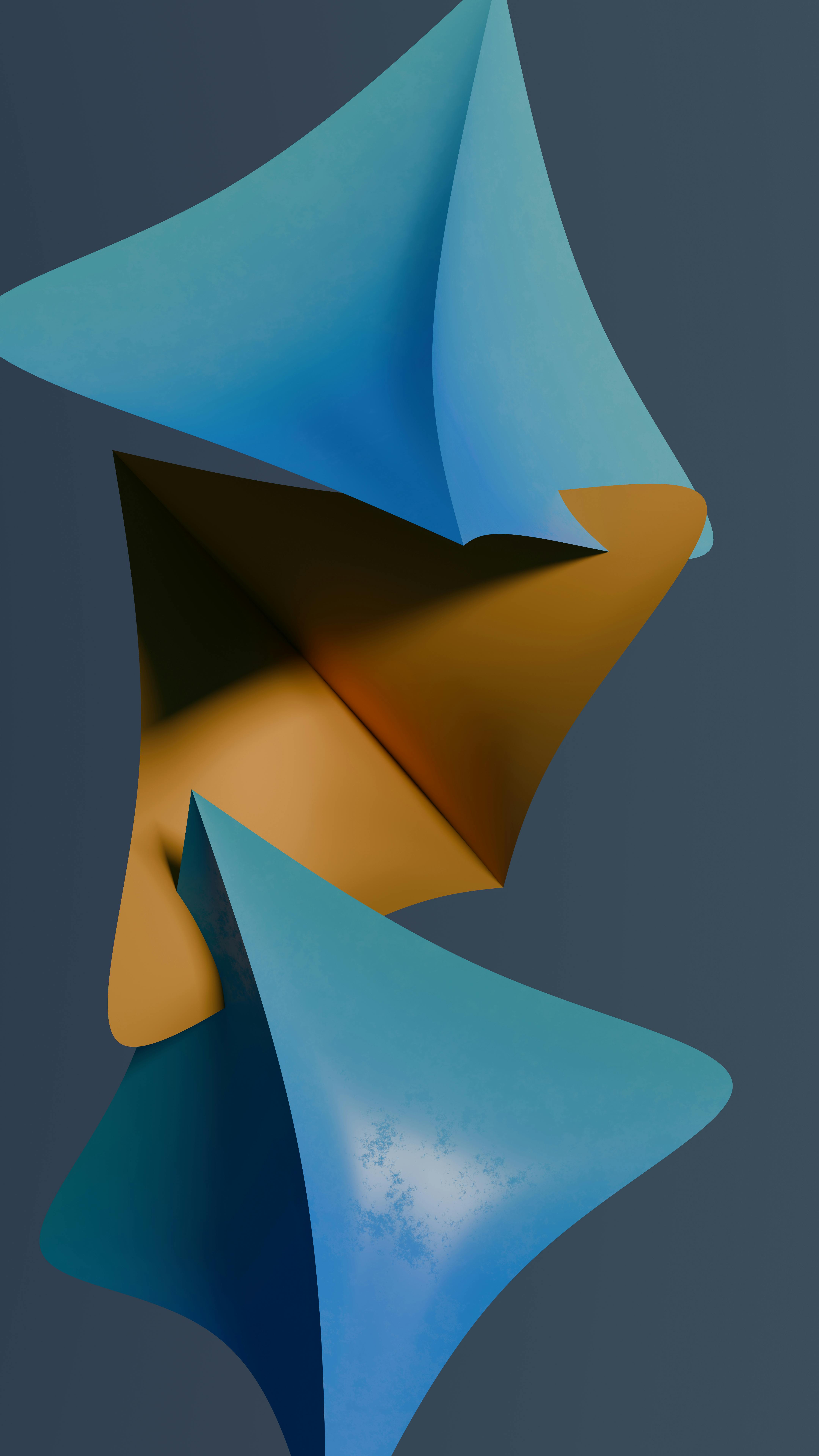 Vibrant abstract 3D geometric shapes in blue, orange hues.