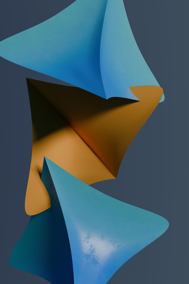 Vibrant abstract 3D geometric shapes in blue, orange hues.