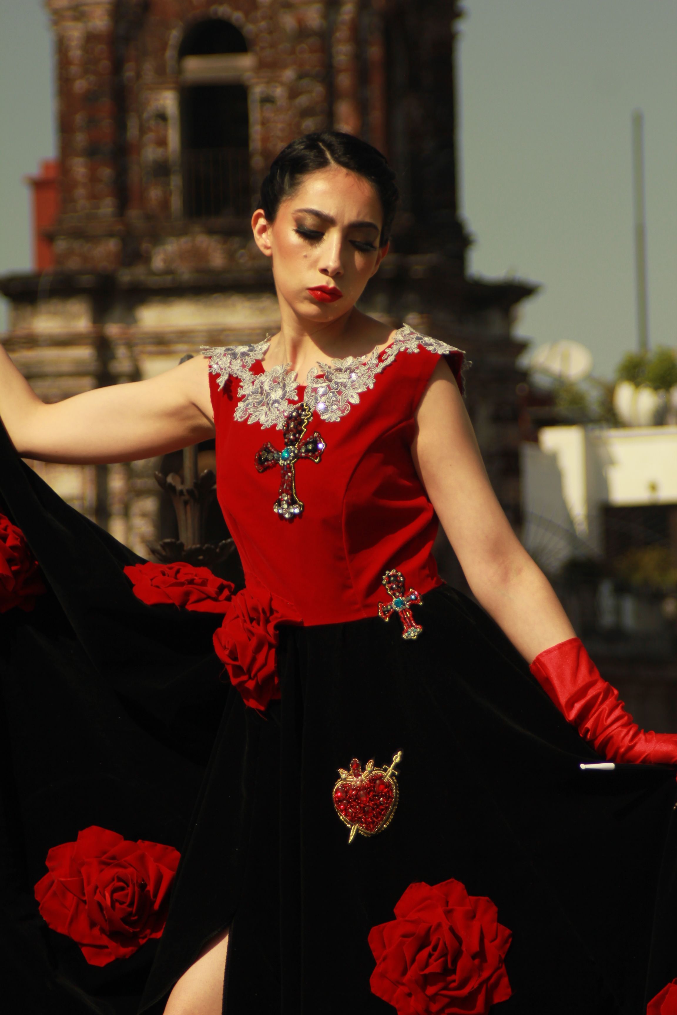 Elegant Woman in Red Velvet Dress Outdoors · Free Stock Photo
