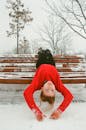 一个顽皮的孩子穿着红色毛衣，在公园长凳上享受着白雪皑皑的日子，周围是光秃秃的树木