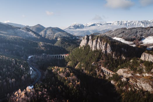 Breathtaking aerial view of Semmering Pass, showcasing the Alps and a historic railway bridge.