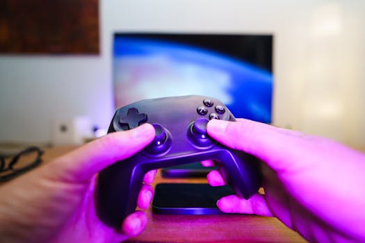 Close-up of hands holding a game controller in front of a TV screen. Perfect for entertainment setups.