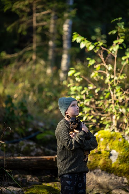 Free A boy holding a small puppy in a serene forest setting during daytime. Stock Photo