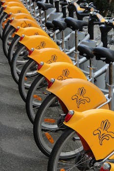 Vibrant yellow rental bicycles lined up on a city street, perfect for urban transportation.