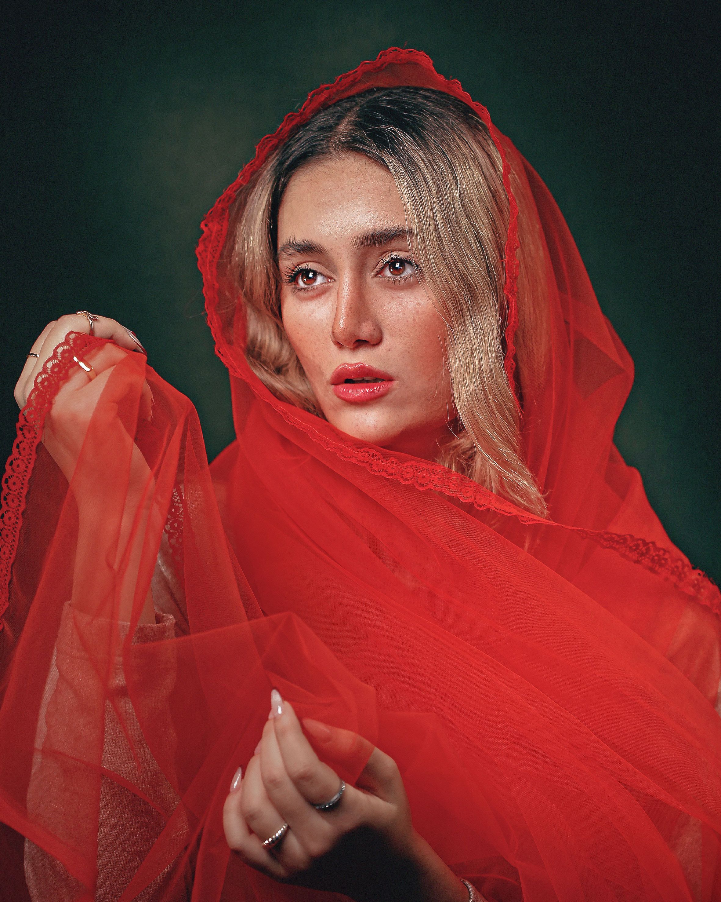 Elegant Portrait of Woman Draped in Red Veil · Free Stock Photo